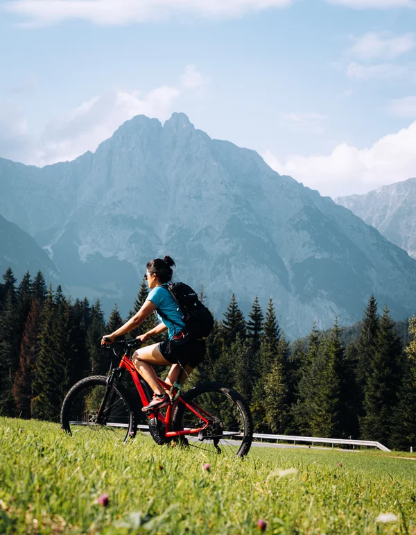 Frau fährt Mountainbike vor Berglandschaft und Wald