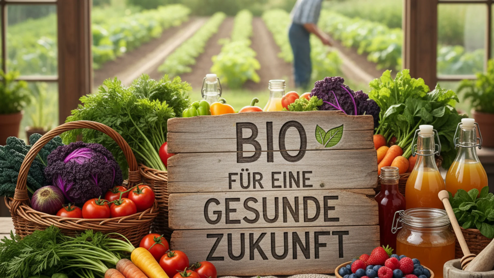 Frisches Bio-Gemüse und Obst mit Schild für eine gesunde Zukunft auf Holztisch im Gewächshaus