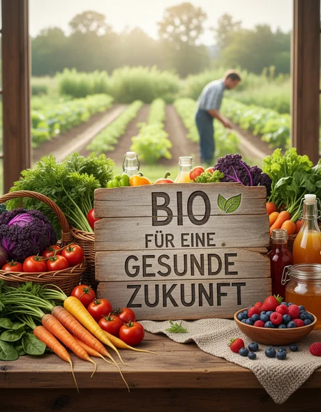 Frisches Bio-Gemüse und Obst mit Schild für eine gesunde Zukunft auf Holztisch im Gewächshaus