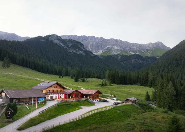 Hammermoos mountain inn in green meadow with mountains and forest in background