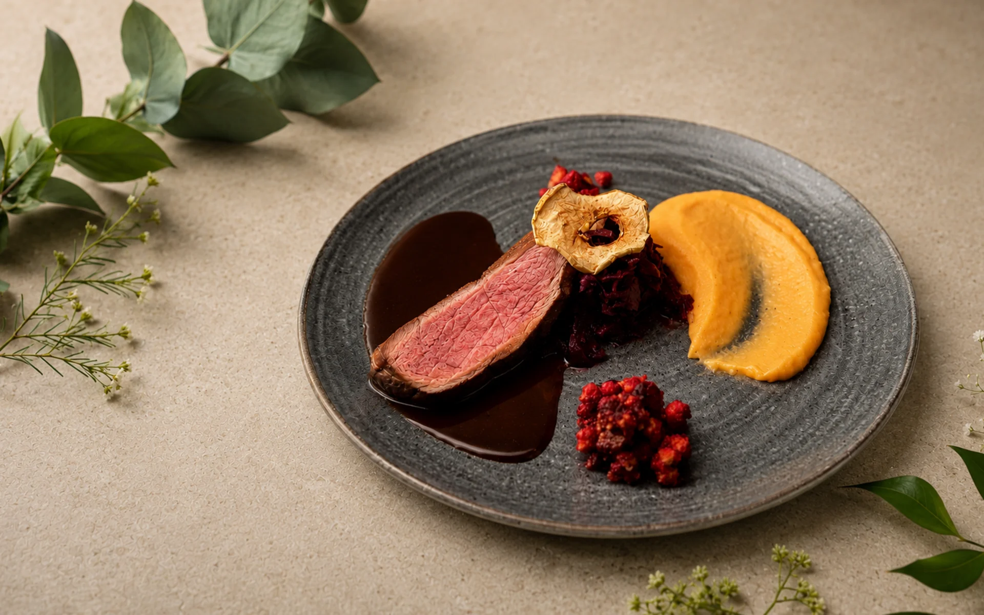 Das Hotel mit Bio-Küche in Tirol Ansprechend angerichtetes Gericht mit rosa gebratenem Fleisch, Sauce und Beilagen auf grauem Teller