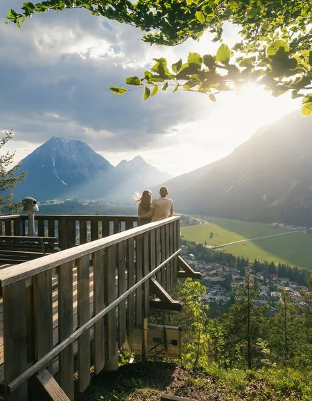 Paar auf Holzplattform blickt auf Berge und Tal bei Sonnenuntergang