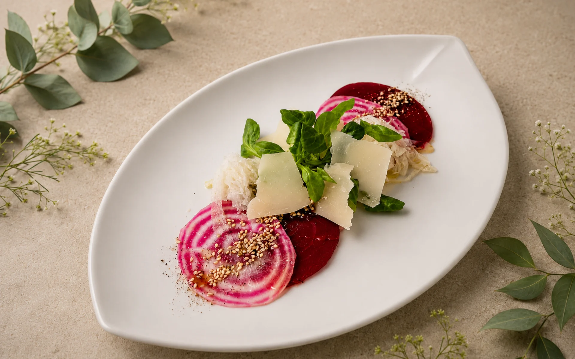 Das Hotel mit Bio-Küche in Tirol Fein angerichteter Salat mit Rote-Bete-Scheiben, Käse und grünen Blättern auf weißem Teller