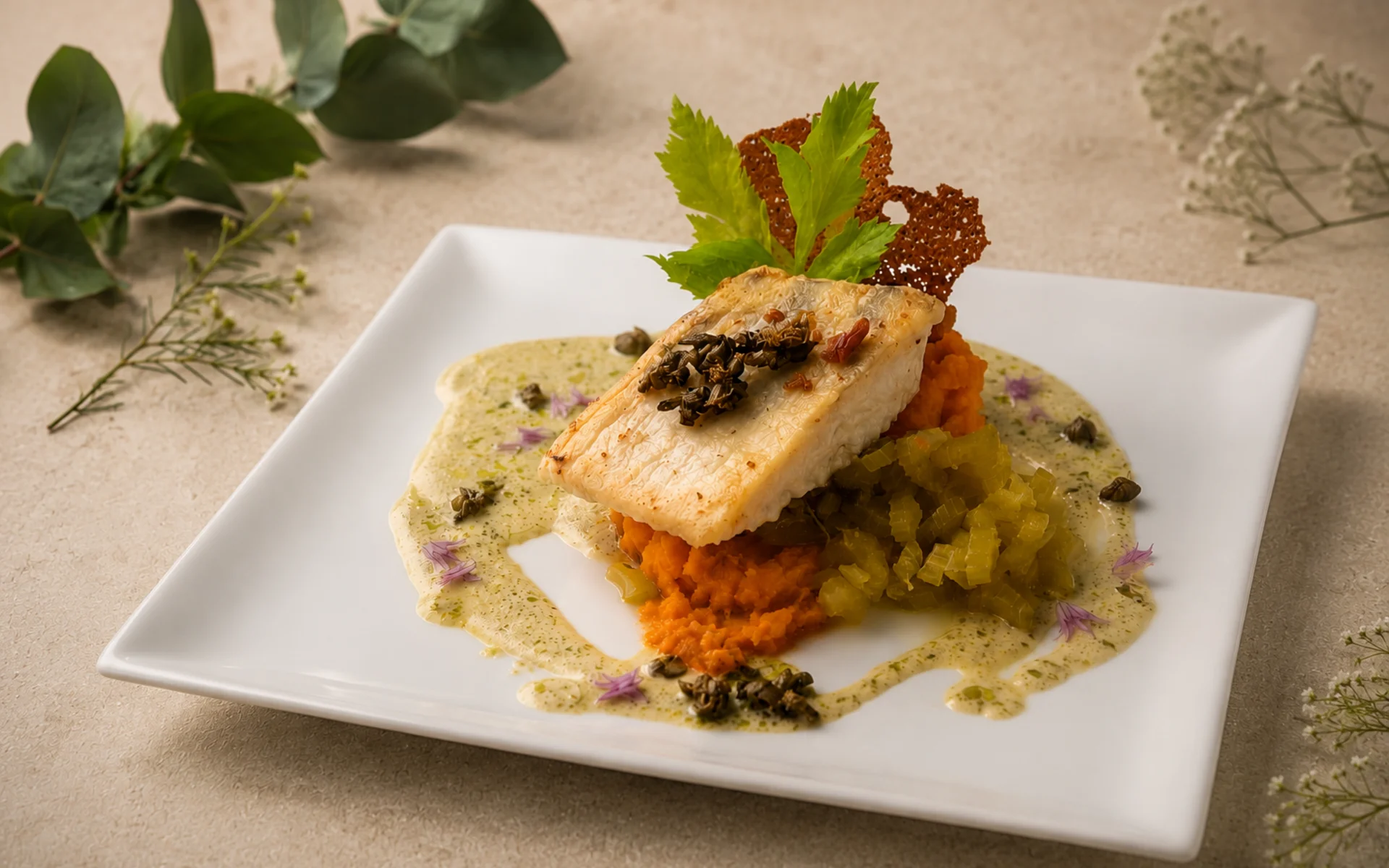 Das Hotel mit Bio-Küche in Tirol Gebratenes Fischfilet mit Gemüse und Sauce auf weißem Teller angerichtet